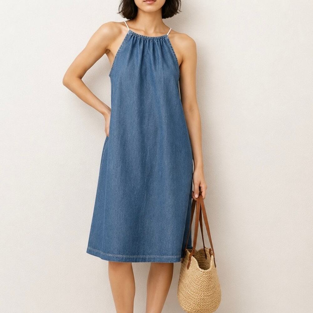 J. MCLAUGHLIN | Chambray Denim Halter Shift Dress Tie Back | Small